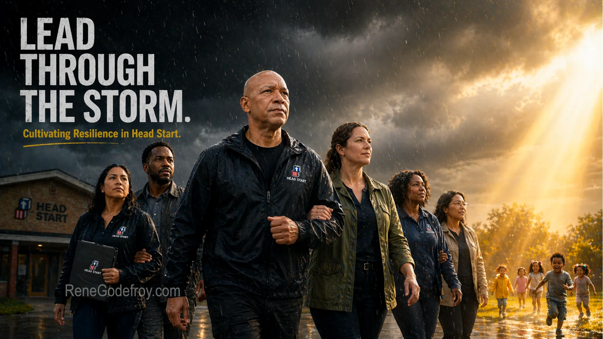 Motivational Speaker for Head Start: Group walking confidently in stormy weather.